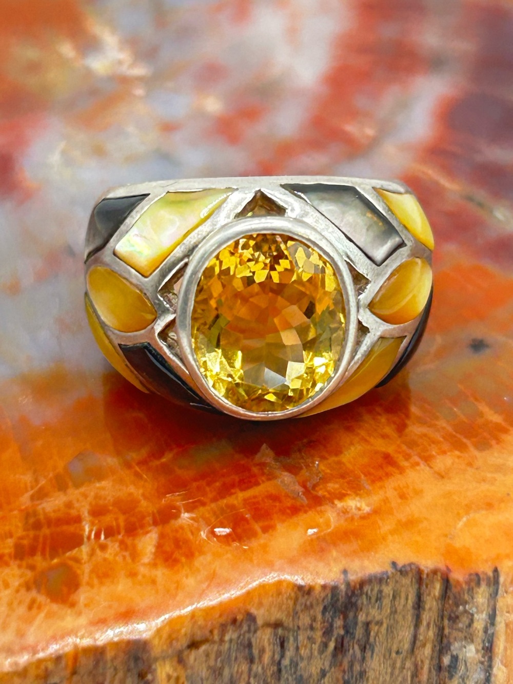 Sterling Silver Citrine Ring with Shell Accents - Size 8